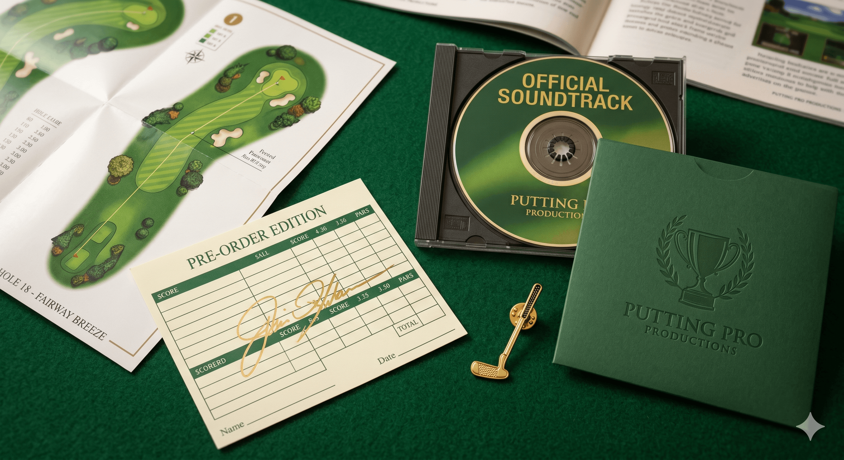 Carvallo Pro Bonus Pak — foldout course map, signature scorecard, soundtrack CD, putter lapel pin, and embossed sleeve, photographed on forest-green felt