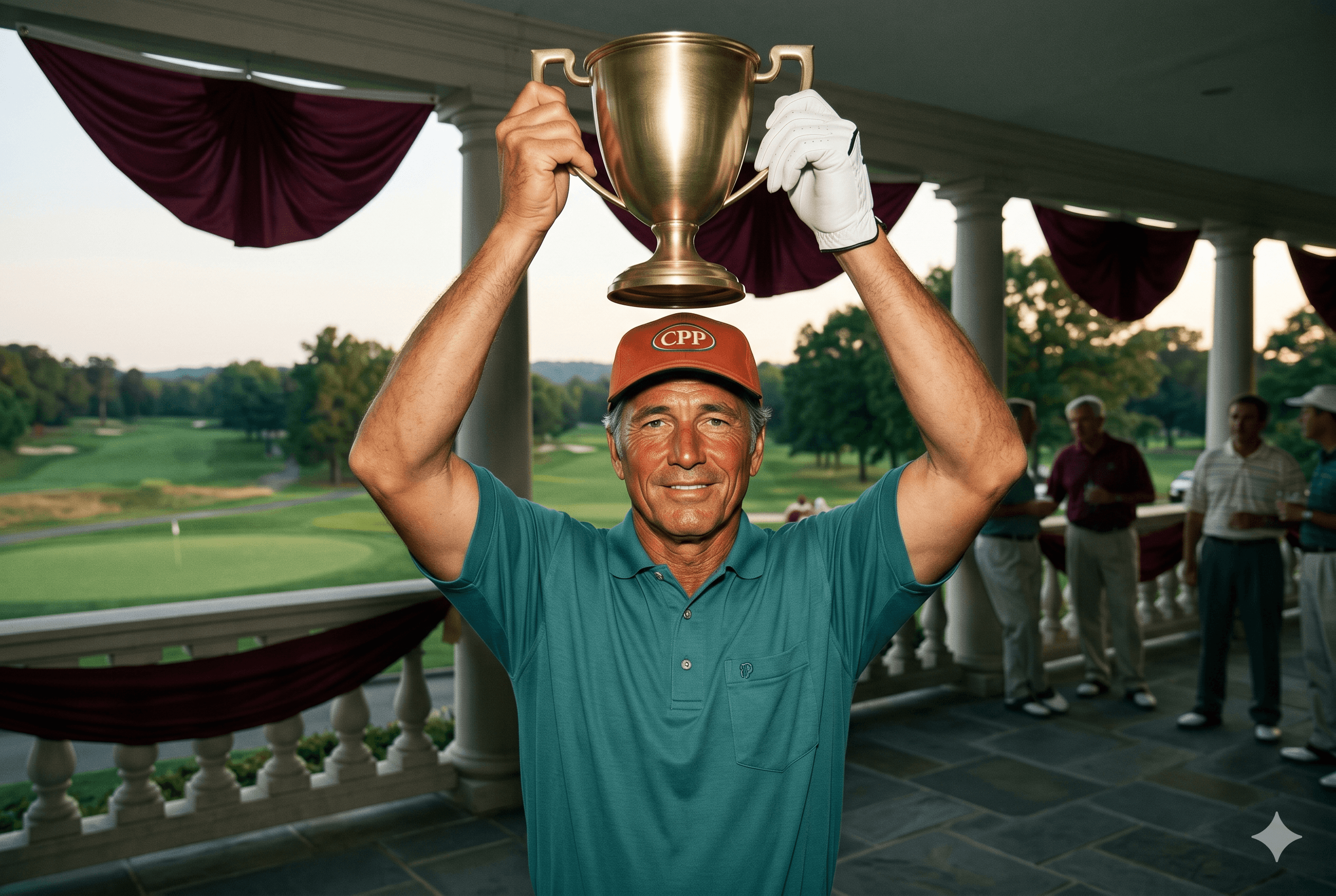 Lee Carvallo hoisting a brushed-gold trophy on the clubhouse terrace