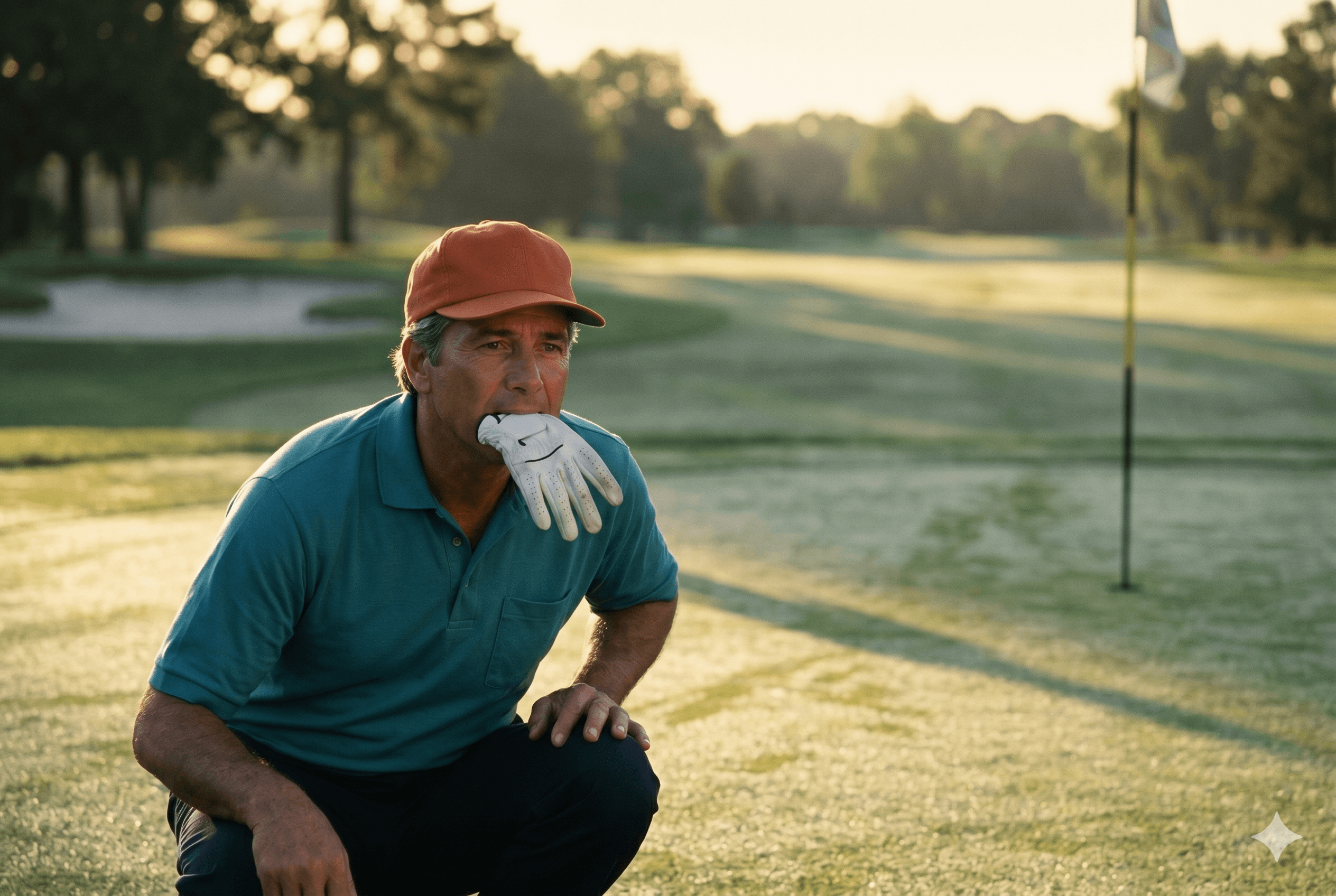 Lee Carvallo crouched reading a green at dawn, glove in teeth